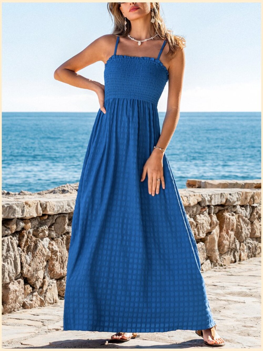 CUPSHE Women's Boho Smocked Maxi Sundress With Adjustable Spaghetti Straps - Picture 7 of 7